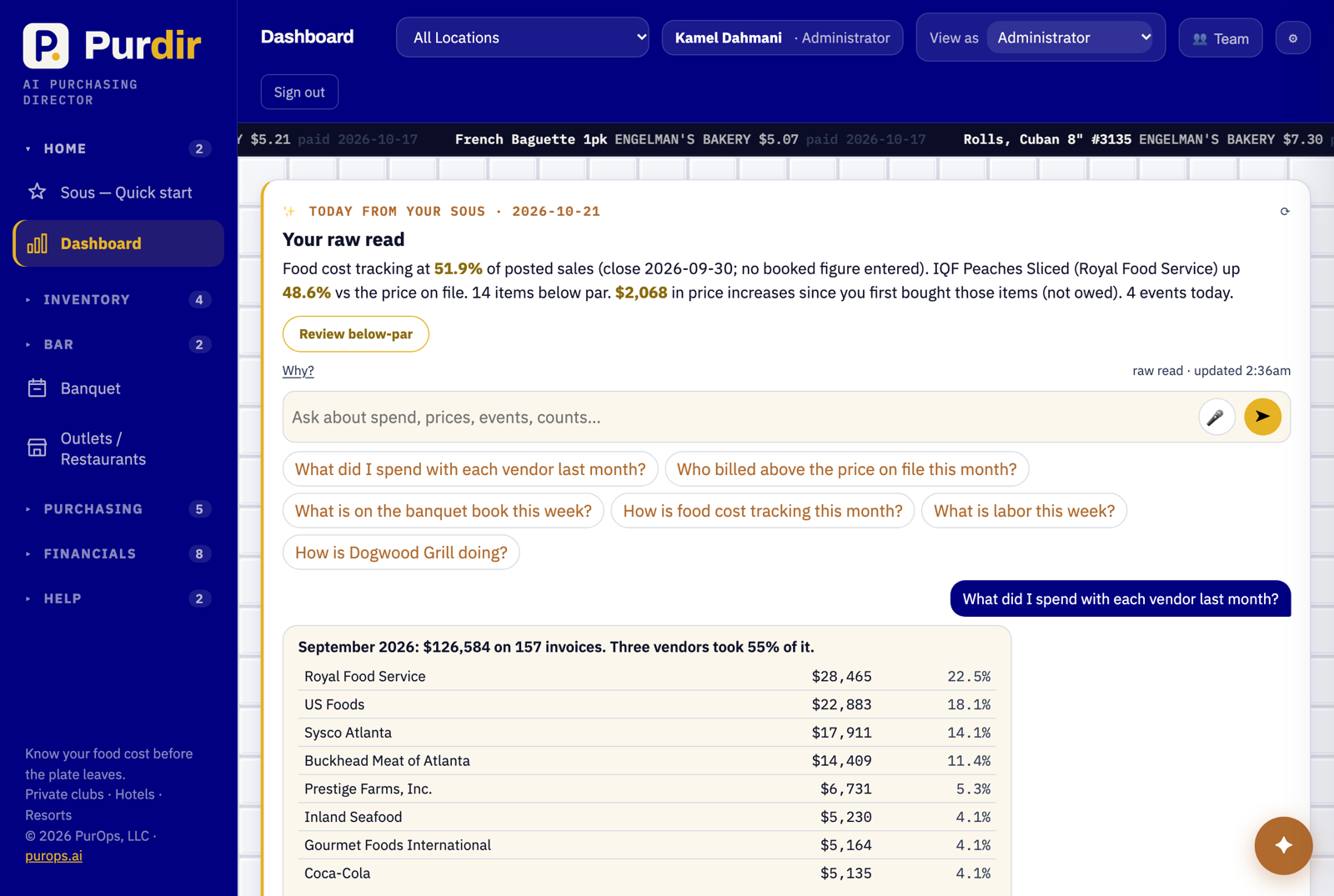 The Purdir Dashboard: the morning read and Ask your Sous with six questions